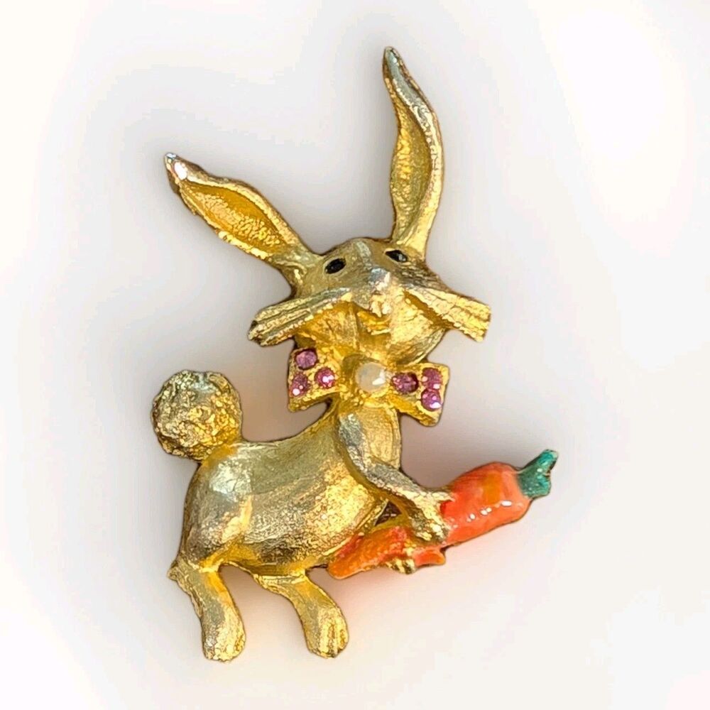Vintage Mylu Easter Bunny Rabbit w Carrot Enamel Rhinestone Brushed Gold